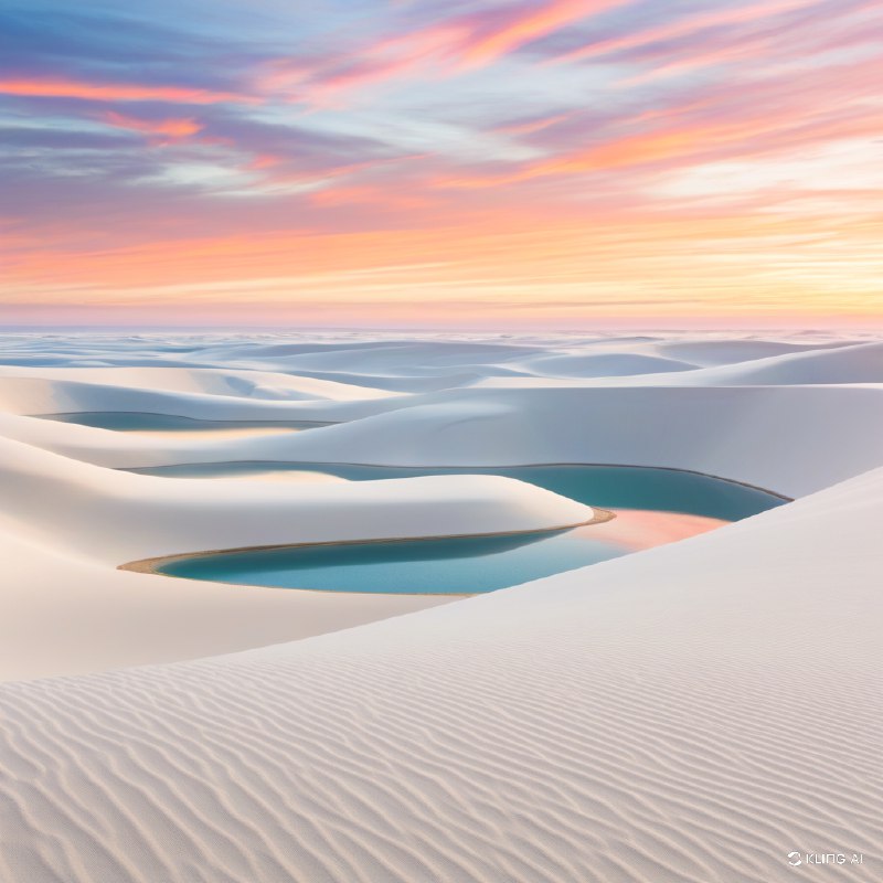 在色彩斑斓、波澜壮阔的落日余晖下，由平滑、洁白的沙丘和宁静、反光的泻湖组成的广袤而超现实的景观，展现出空灵之美和宁静之气
