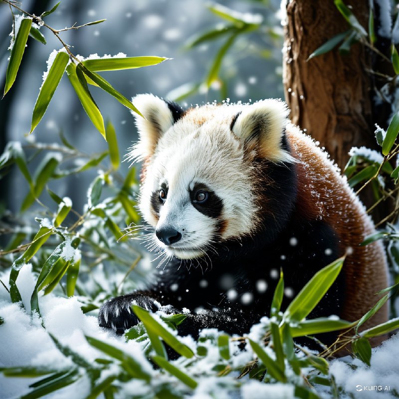 #Bing_Wallpaper可爱的熊猫宝宝置身于宁静的雪景中，周围环绕着积有薄雪的翠绿色竹叶