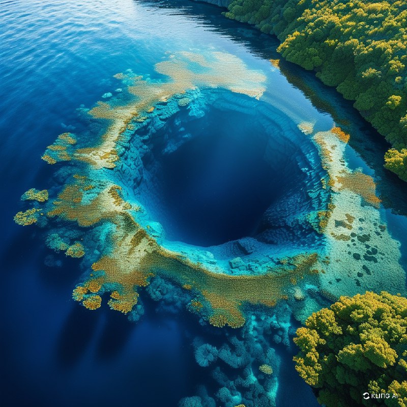 #Bing_Wallpaper“一幅令人叹为观止的俯瞰图展现了伯利兹的大蓝洞——一个巨大的水下天坑，被生机勃勃的珊瑚礁环绕