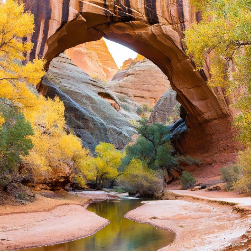 美国犹他州大峡谷休闲区，秋景，峡谷中的天然石拱门，周围环绕着金黄色的树木，溪水缓缓流淌，宁静的风景，温暖的光线，生动的色彩，写实的风格