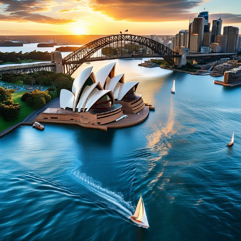 #Bing_Wallpaper"一幅令人叹为观止的悉尼港鸟瞰图，展示了位于澳大利亚新南威尔士州的标志性建筑悉尼歌剧院和海港大桥沐浴在黄昏的金色光辉中