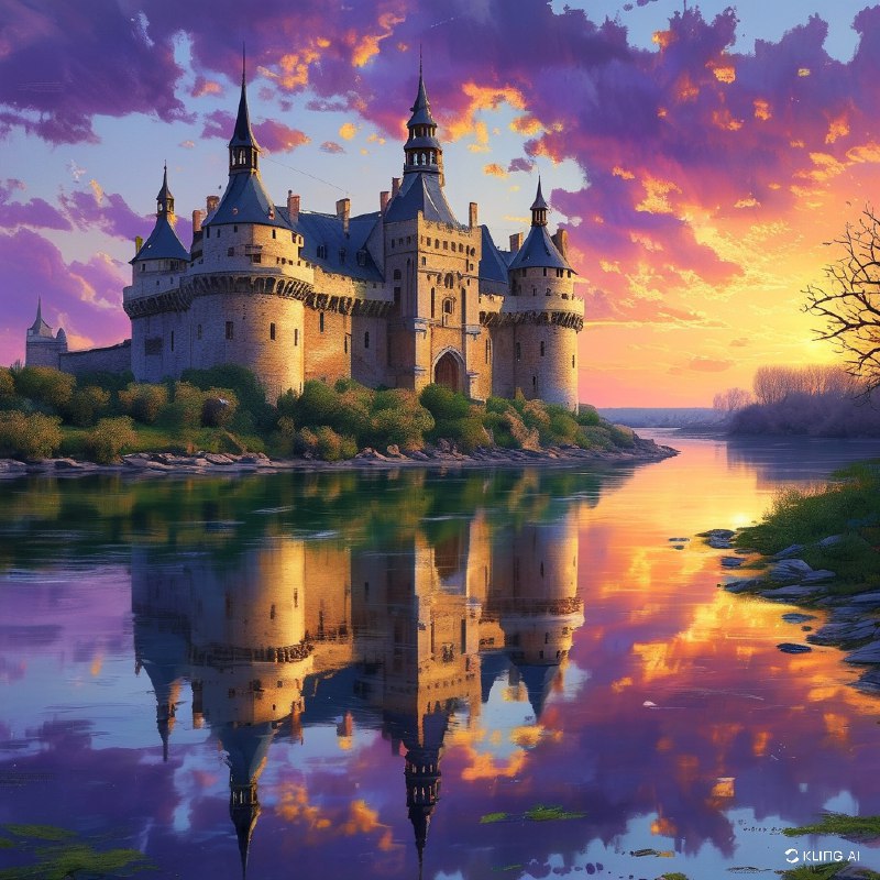 #Bing_Wallpaper一座雄伟的中世纪城堡庄严地矗立在卢瓦尔河静谧的河岸边，暮色中，它被宁静的水面环绕，水面倒映着城堡巍峨的石墙和高耸的圆锥形塔尖