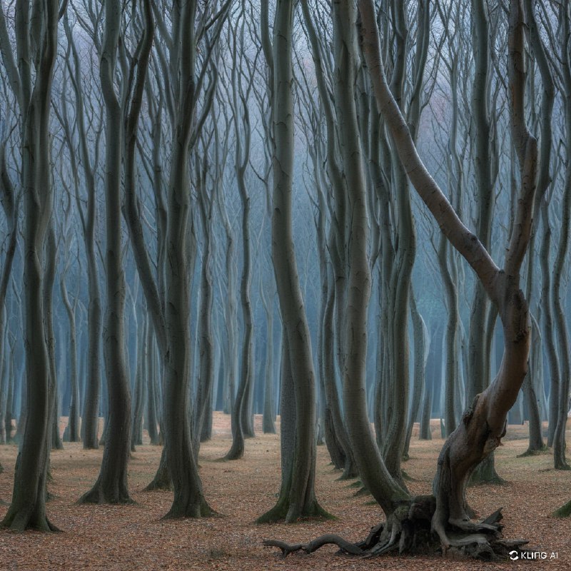神秘的沿海森林，树木茂密、扭曲，灯光昏暗，气氛阴森恐怖，背景虚无缥缈，秋日的背景，光秃秃的树枝，宁静而神秘