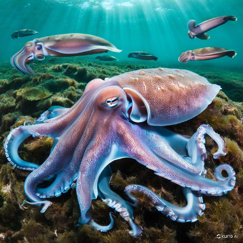 #Bing_Wallpaper在南澳大利亚怀阿拉附近的斯宾塞湾碧绿的水域中，一个超现实的水下场景展现出生命的旺盛景象，一群令人着迷的伞状墨鱼成为焦点