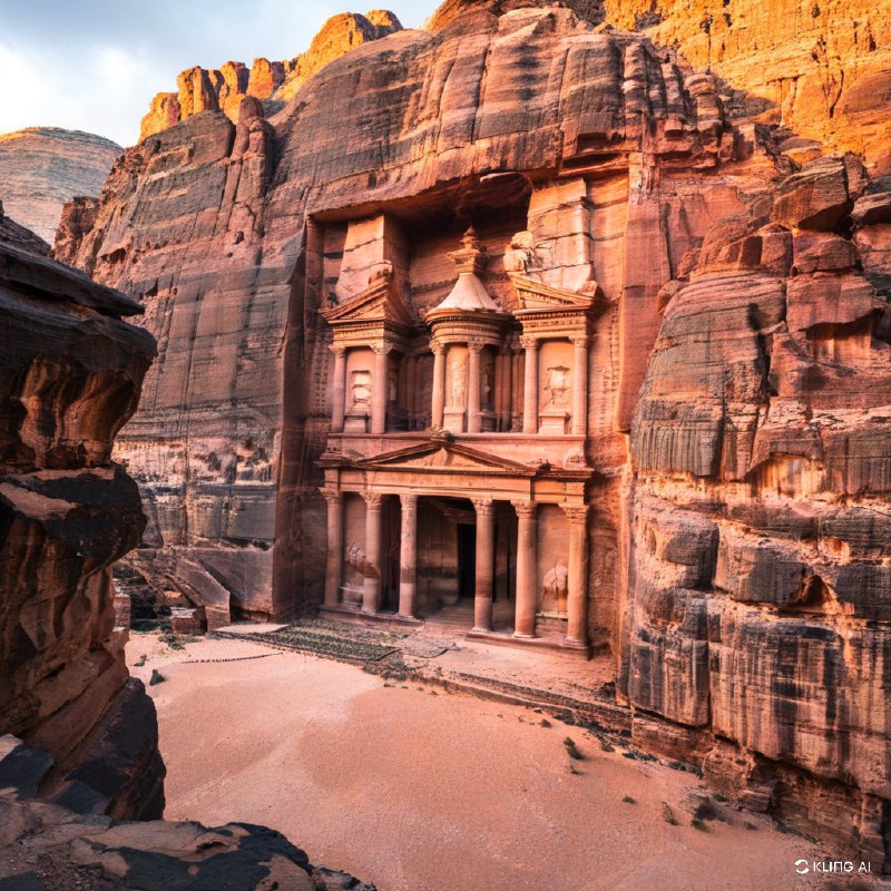 #Bing_Wallpaper“约旦佩特拉的修道院（Ad Deir）的壮丽遗址沐浴在落日的金色余辉中