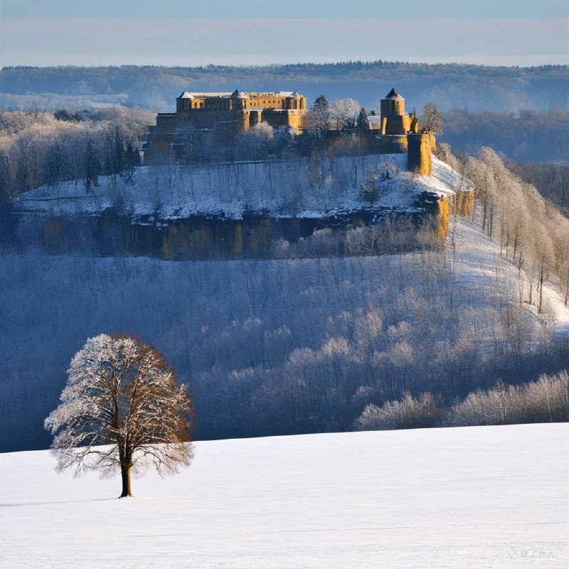 #Bing_Wallpaper位于德国萨克森小瑞士地区的国王石堡垒巍然矗立在陡峭的砂岩高原之上，周围环绕着银装素裹的冬日景色