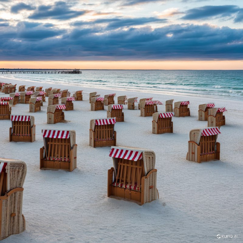 #Bing_Wallpaper波罗的海海滩日落的田园风光，展现了一排排传统的藤编沙滩椅，上方覆盖着红白条纹的顶篷，整齐地摆放在洁白无瑕的沙滩上