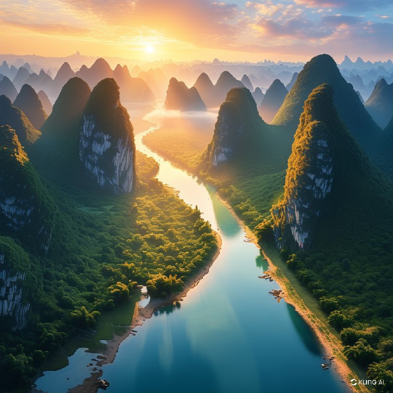 #Bing_Wallpaper沐浴在日出金色光辉中的壮丽喀斯特山峰，展现了中国桂林广西绿意盎然的绝美景观的震撼俯瞰图