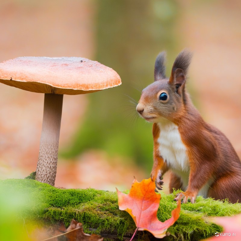 #Bing_Wallpaper一个充满奇幻氛围的秋日森林场景，一只好奇的欧亚红松鼠注视着一株高大、表面纹理丰富的毒蘑菇