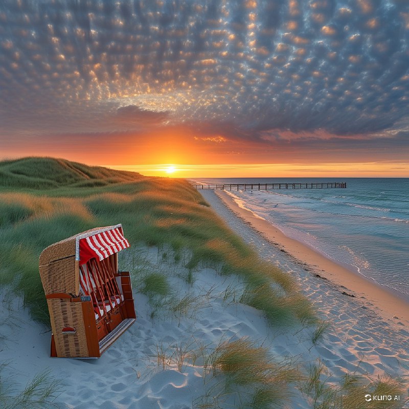 #Bing_Wallpaper波罗的海海滩日落的田园风光，展现了一排排传统的藤编沙滩椅，上方覆盖着红白条纹的顶篷，整齐地摆放在洁白无瑕的沙滩上