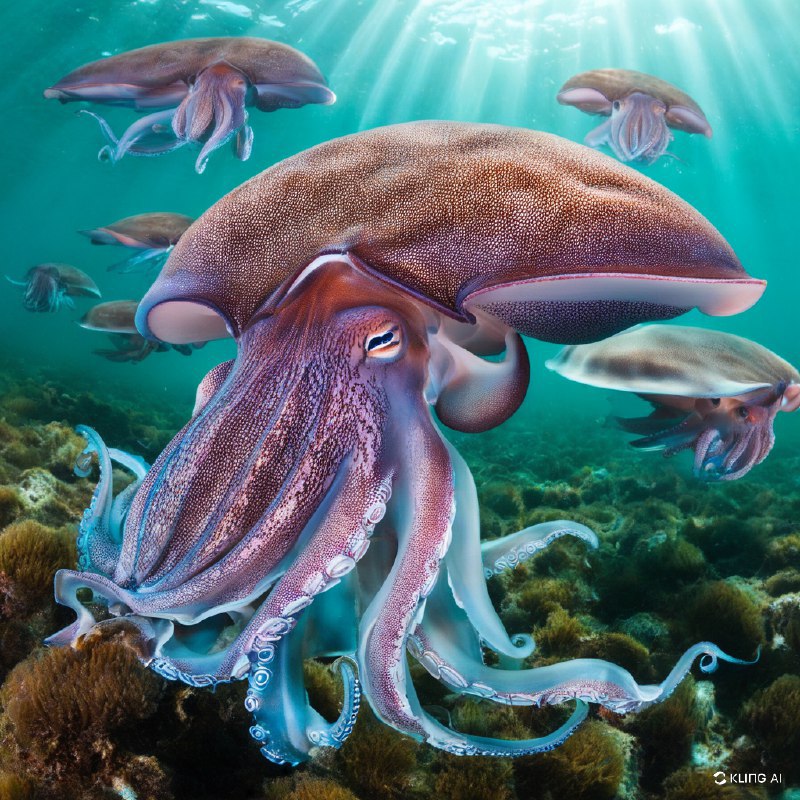 #Bing_Wallpaper在南澳大利亚怀阿拉附近的斯宾塞湾碧绿的水域中，一个超现实的水下场景展现出生命的旺盛景象，一群令人着迷的伞状墨鱼成为焦点