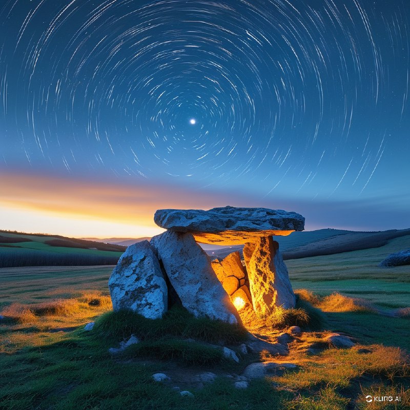 #Bing_Wallpaper“这是一幅神秘的夜景，画面中位于西班牙巴斯克自治区阿拉瓦的庄严索尔吉内切巨石墓（Sorginetxe Dolmen）占据了前景