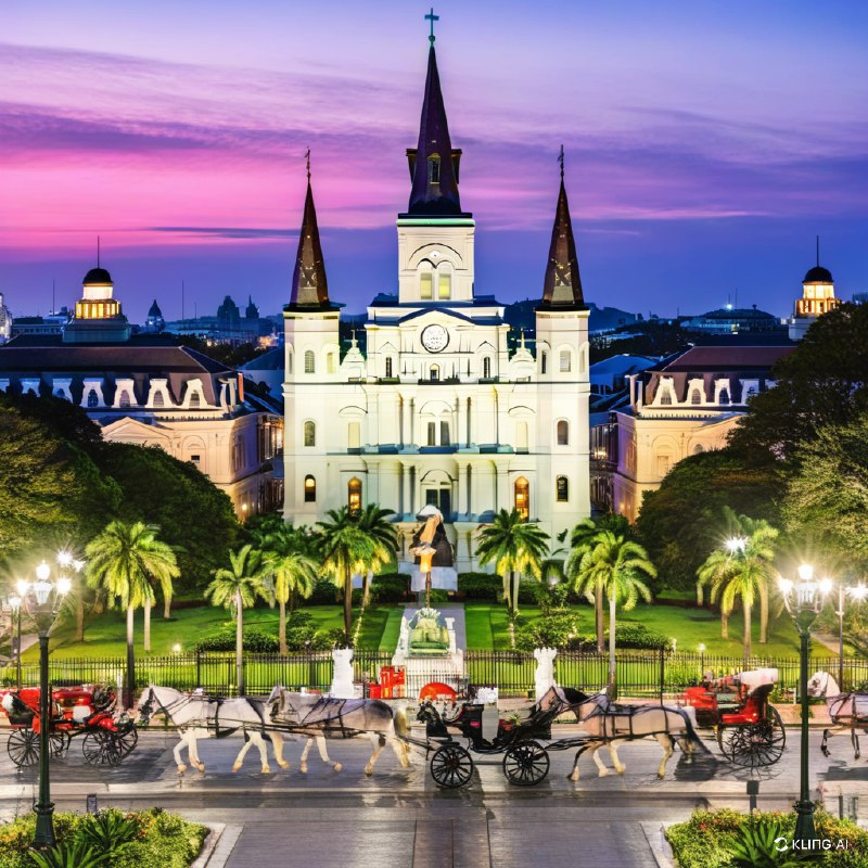 #Bing_Wallpaper"在路易斯安那州新奥尔良热闹的狂欢节庆典中，壮丽的杰克逊广场呈现出迷人的景象，辉煌灯光照耀下的圣路易斯大教堂以其标志性的尖塔矗立其中，被茂密的绿树和历史悠久的建筑映衬