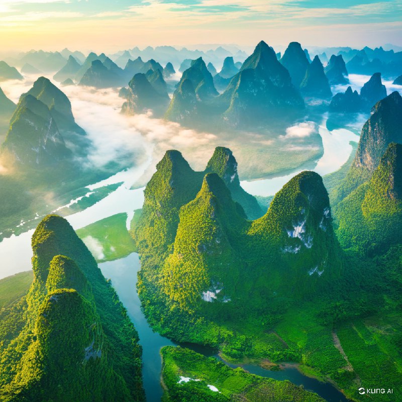 #Bing_Wallpaper沐浴在日出金色光辉中的壮丽喀斯特山峰，展现了中国桂林广西绿意盎然的绝美景观的震撼俯瞰图