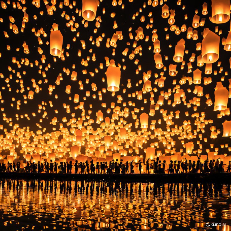 夜幕降临，数以千计的灯笼闪闪发光，照亮天空，映照在水面上，呈现出一派生机勃勃的节日景象