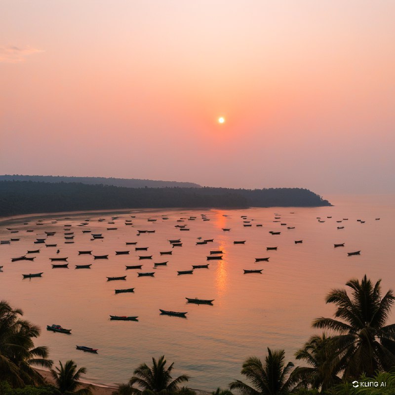 夕阳下宁静的海滩景色，渔船散落在水面上，海岸线上的棕榈树和朦胧的天空，捕捉到了果阿海岸风景的宁静之美
