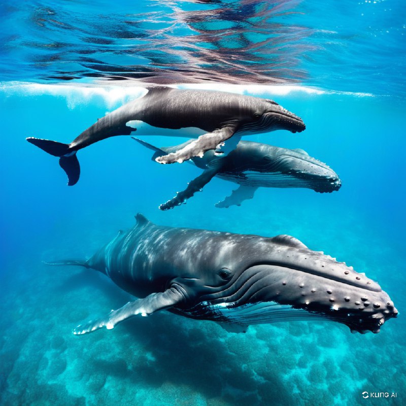 #Bing_Wallpaper在一幅超凡脱俗的水下场景中，一头庄严的座头鲸母亲与她活泼的小鲸鱼优雅地穿行于汤加附近清澈透亮的碧绿海水中