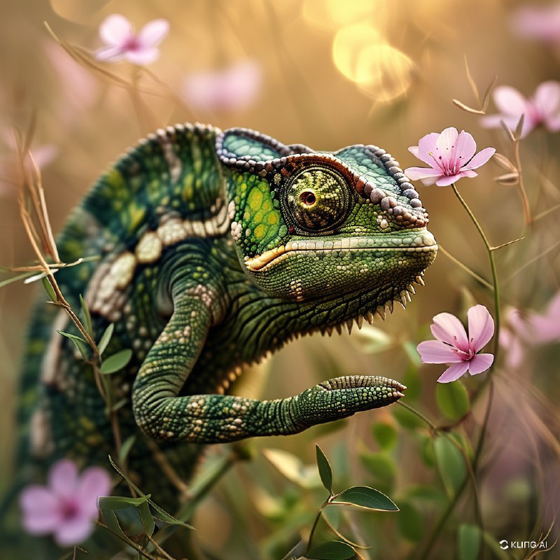 #Bing_Wallpaper“一只伪装成浅粉色野花草地的变色龙，巧妙地与周围环境融为一体，却又凭借其复杂的纹理图案在米色、橄榄绿和深棕色的不同色调中微微凸显出来