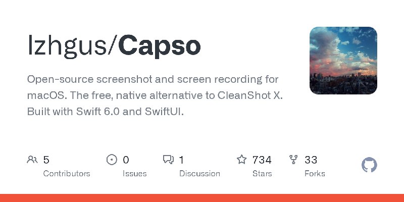 GitHub - lzhgus/Capso: Open-source screenshot and screen recording for macOS. The free, native alternative to CleanShot X. Built…