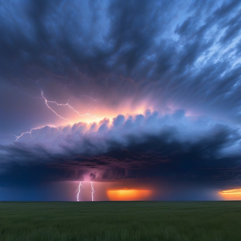 #Bing_Wallpaper“在日落时分，内布拉斯加州宽广的平原上，一场壮丽的雷暴正肆虐