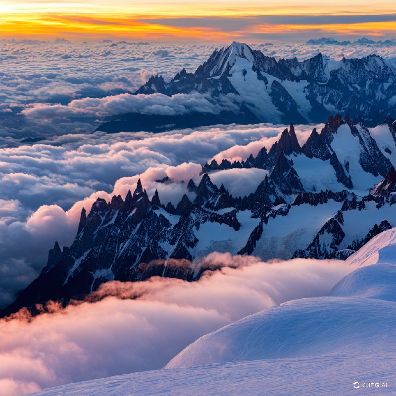 从霞慕尼眺望勃朗峰，日落时分云雾缭绕，雄伟的山峰和宁静的白雪覆盖的地貌尽收眼底，温暖的色调照亮了地平线