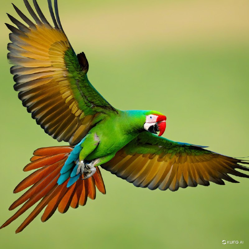 #Bing_Wallpaper一只壮丽的绿翅金刚鹦鹉（学名：Ara ambiguus）正在飞翔之中，它那鲜艳的绿色羽毛在柔和的自然光线下熠熠生辉