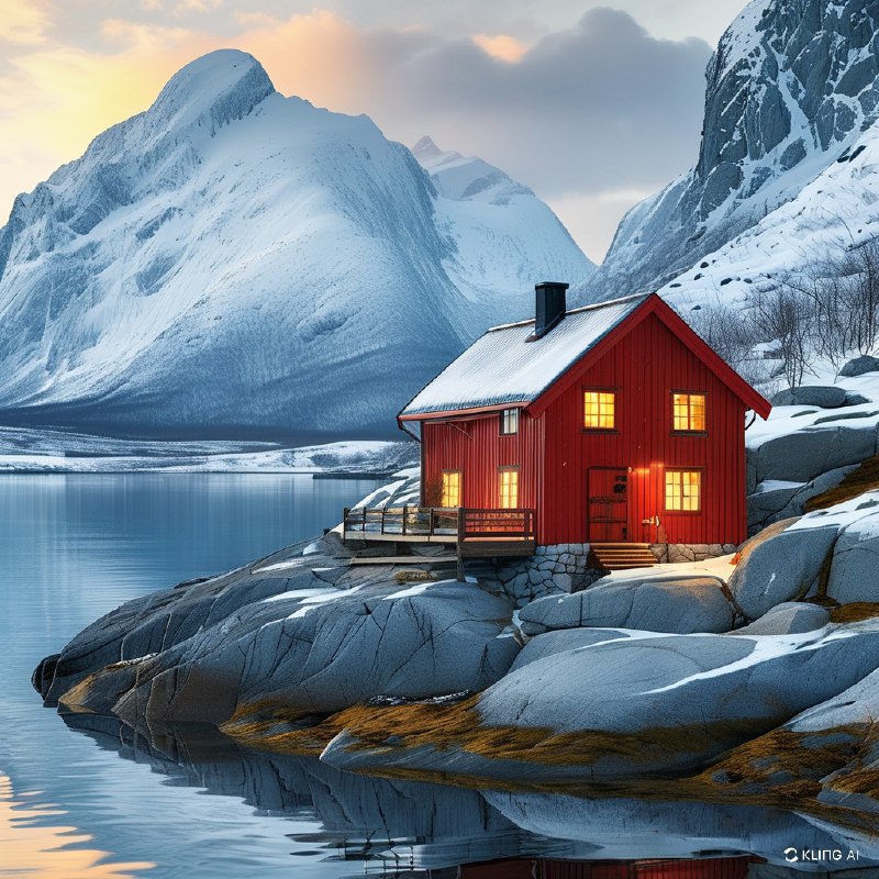 #Bing_Wallpaper鲜艳的红色渔民小屋坐落在挪威Reinefjord的岩石海岸上，背后是雪山覆盖的壮丽景色