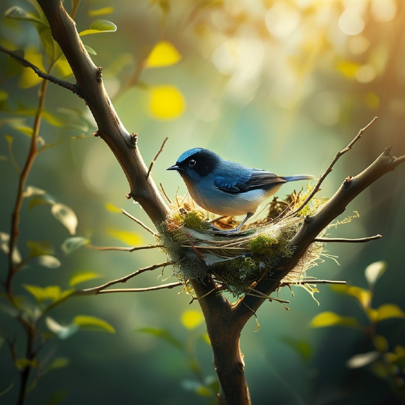 #Bing_Wallpaper“一个静谧温暖的场景，描绘了一只娇小的雌性黑枕王鹟正在两根纤细的树枝交叉处，专注地筑着她舒适的小巢