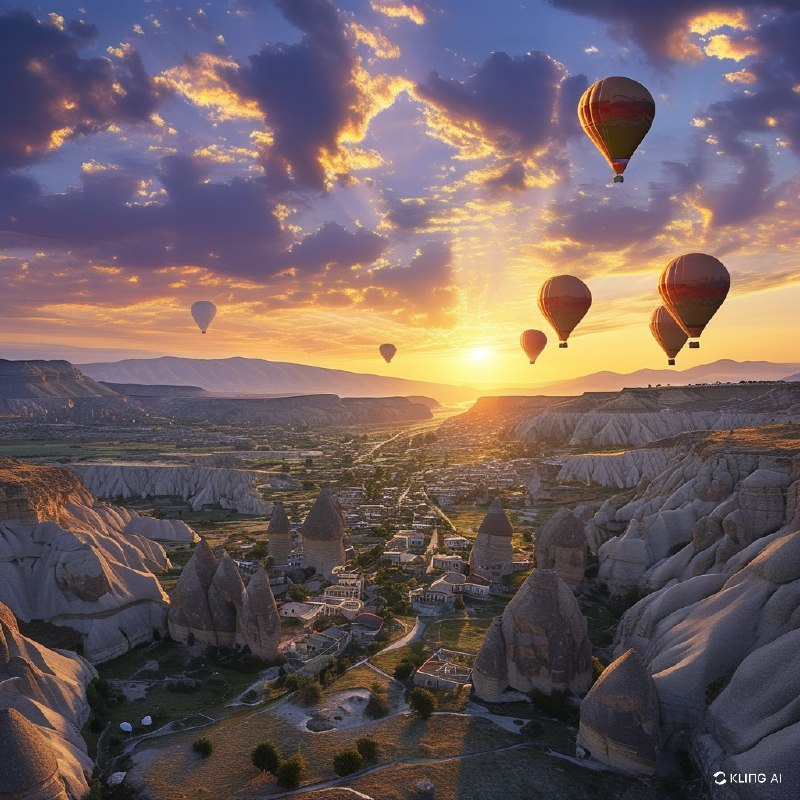 #Bing_Wallpaper"卡帕多西亚格雷梅国家公园在日落时分的迷人鸟瞰图，展现出独特的岩石地貌和阳光洒满山谷的宁静景色，被金色与紫色的光辉所沐浴