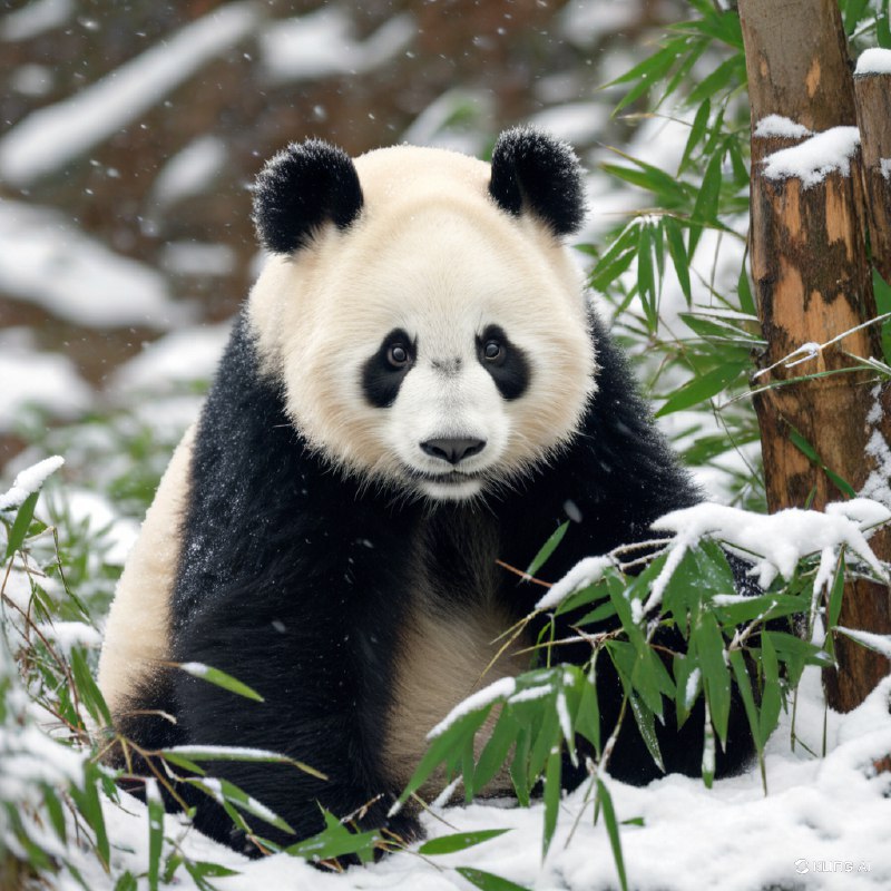 #Bing_Wallpaper可爱的熊猫宝宝置身于宁静的雪景中，周围环绕着积有薄雪的翠绿色竹叶