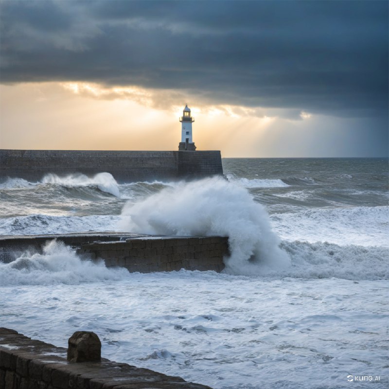 惊涛骇浪拍打着古老的石头码头，白色灯塔在远处高高矗立，天空阴云密布，隐约可见夕阳西下的景象，电影般的灯光，高对比度，动态构图