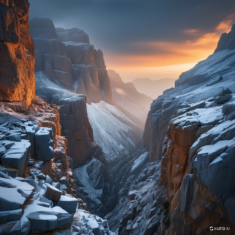 #Bing_Wallpaper黎明时分雄伟的山口，灵感来源于西班牙佩尔迪多山国家公园的罗兰多峡谷；崎岖的悬崖在日出第一缕光辉的照耀下呈现温暖的橙色色调，与寒冷的冰雪和覆盖霜冻的岩石坡面形成鲜明对比；戏剧性的天空融汇深蓝的柔和色调与微妙的灰色层次，营造出宁静却令人叹为观止的高山氛围；凹凸分明的石块、风化的岩壁以及闪耀的雪原呈现出高度细致的质感；电影感的构图，广角视野，缥缈的光线从高耸的悬崖间倾泻而下，唤起一种冒险精神和自然的宏伟之美