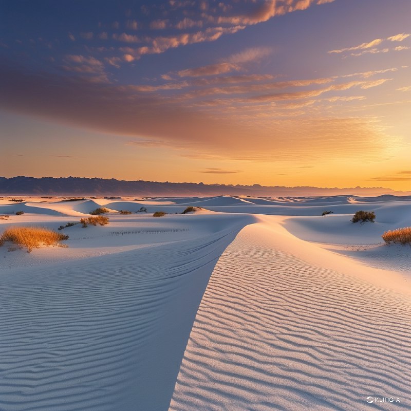 #Bing_Wallpaper"在美国新墨西哥州的白沙国家公园，广袤的白色沙丘在宁静的日落天空下绵延起伏