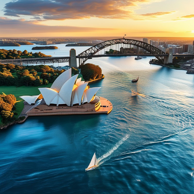 #Bing_Wallpaper"一幅令人叹为观止的悉尼港鸟瞰图，展示了位于澳大利亚新南威尔士州的标志性建筑悉尼歌剧院和海港大桥沐浴在黄昏的金色光辉中