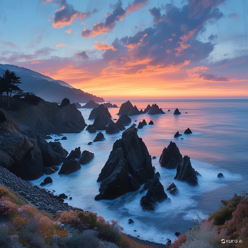 #Bing_WallpaperA mesmerizing coastal scene at twilight in Sonoma Coast State Park, California. The rugged shoreline is adorned with jagged, dark rock formations emerging from the serene ocean, creating a dramatic silhouette against the soft glow of dusk. The sky is a canvas of gentle blues and purples, with wisps of clouds painted in subtle shades of peach and pink, hinting at the day's end. The ocean is calm yet vibrant, with a misty haze enveloping the scene, adding depth and mystery. The overall composition captures the tranquil yet majestic essence of the tidal landscape, evoking a sense of peace and wonder. The image is rich in color and texture, embodying an impressionistic, almost ethereal style that highlights the natural beauty and dynamic interplay of light and shadow.加州索诺马海岸州立公园黄昏时分迷人的海岸景象