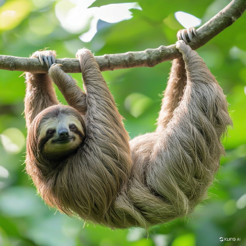在一片郁郁葱葱的热带雨林中，一只三趾树懒挂在树枝上，毛发细致，斑驳的阳光透过树叶，表情安详，自然栖息地，高分辨率，野生动物摄影"，"风格"："写实"，"情绪"："宁静"在一片郁郁葱葱的热带雨林中，一只三趾树懒挂在树枝上，毛发细致，斑驳的阳光透过树叶，表情安详，自然栖息地，高分辨率，野生动物摄影"，"风格"："写实"，"情绪"："宁静"
