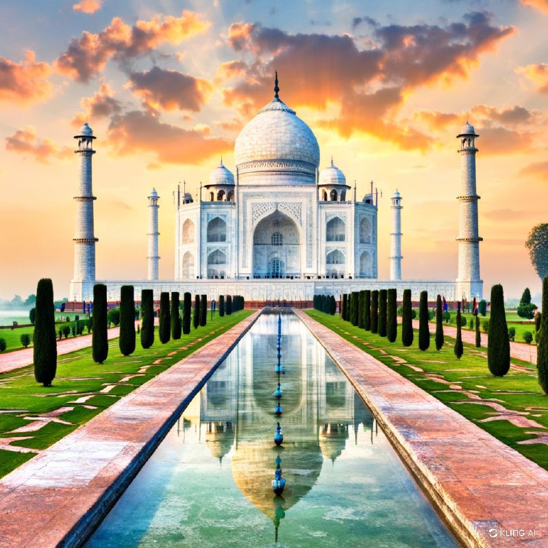 印度泰姬陵日出时的壮丽景色，周围是郁郁葱葱的花园和倒影池，天空生机勃勃