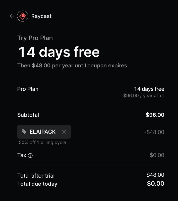 想购买 Raycast Pro 的读者可以使用 ELAIPACK 这个 promo code 50% off，前两天在 