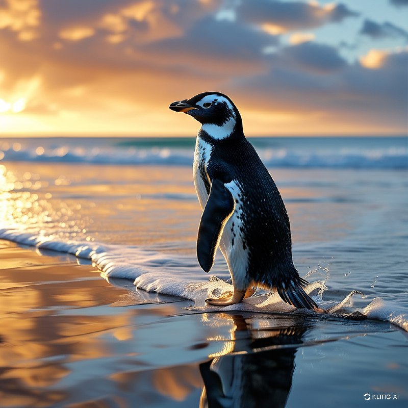 #Bing_Wallpaper“麦哲伦企鹅仿佛穿着天然的黑白‘燕尾服’，优雅地沿着福克兰群岛志愿者点那条闪闪发光、沐浴在金色晨光中的海岸线踱步