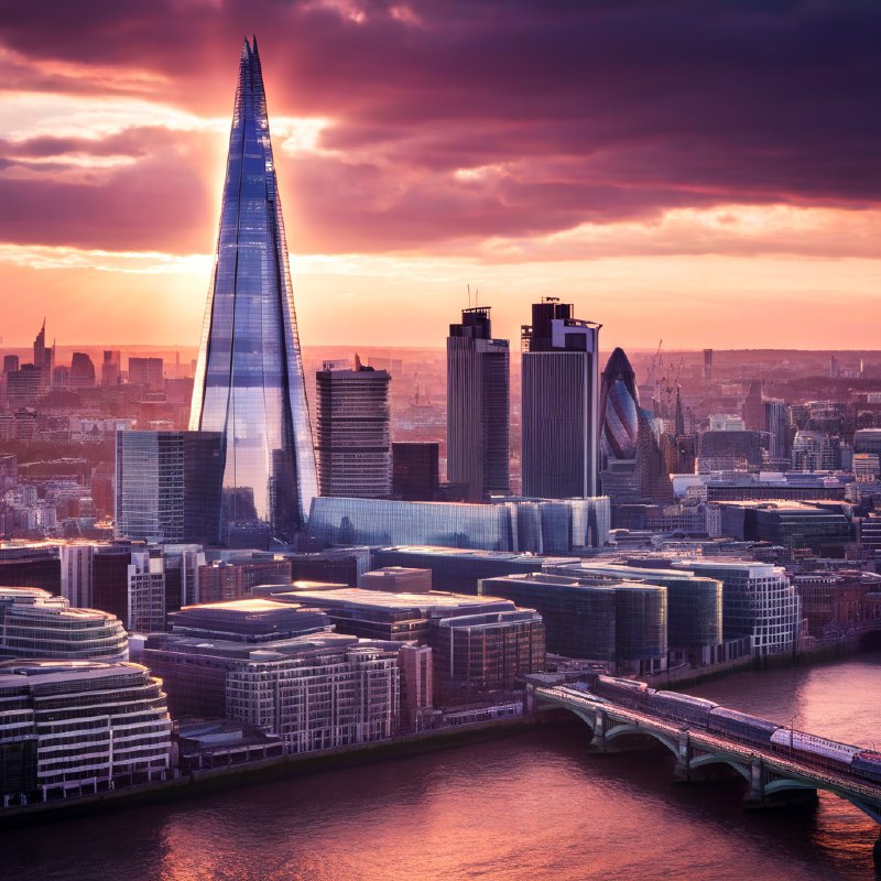 #Bing_Wallpaper“日落时分，伦敦的壮丽城市景观令人心生敬畏，以耸立在天际线上的碎片大厦（The Shard）为焦点