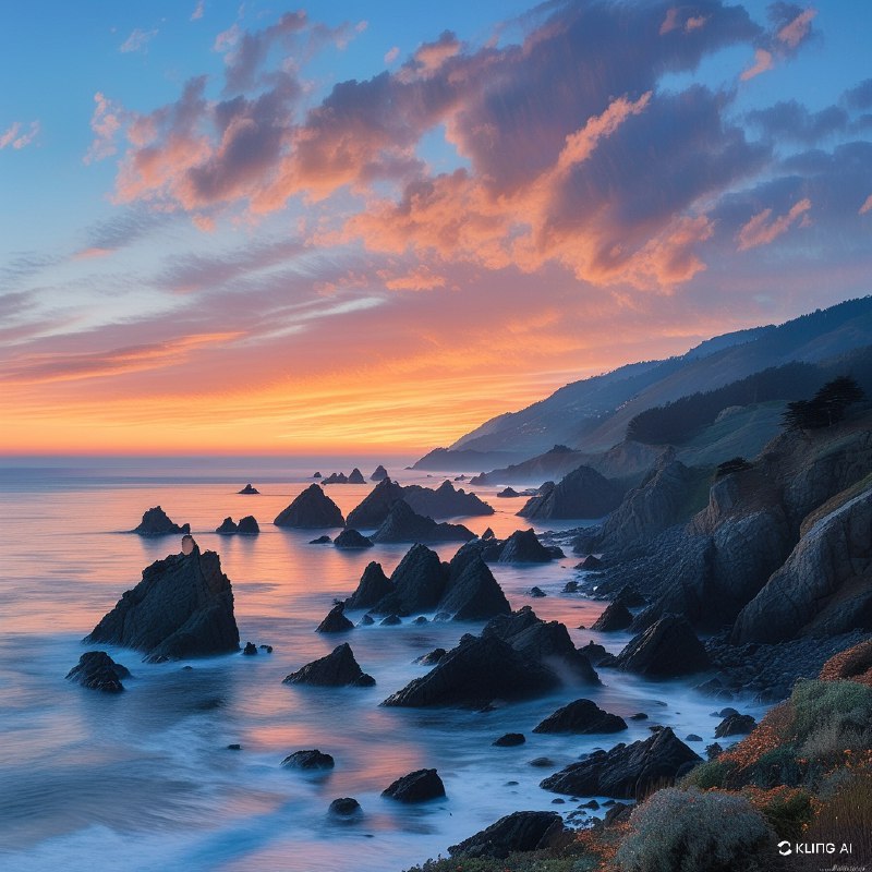 #Bing_WallpaperA mesmerizing coastal scene at twilight in Sonoma Coast State Park, California. The rugged shoreline is adorned with jagged, dark rock formations emerging from the serene ocean, creating a dramatic silhouette against the soft glow of dusk. The sky is a canvas of gentle blues and purples, with wisps of clouds painted in subtle shades of peach and pink, hinting at the day's end. The ocean is calm yet vibrant, with a misty haze enveloping the scene, adding depth and mystery. The overall composition captures the tranquil yet majestic essence of the tidal landscape, evoking a sense of peace and wonder. The image is rich in color and texture, embodying an impressionistic, almost ethereal style that highlights the natural beauty and dynamic interplay of light and shadow.加州索诺马海岸州立公园黄昏时分迷人的海岸景象