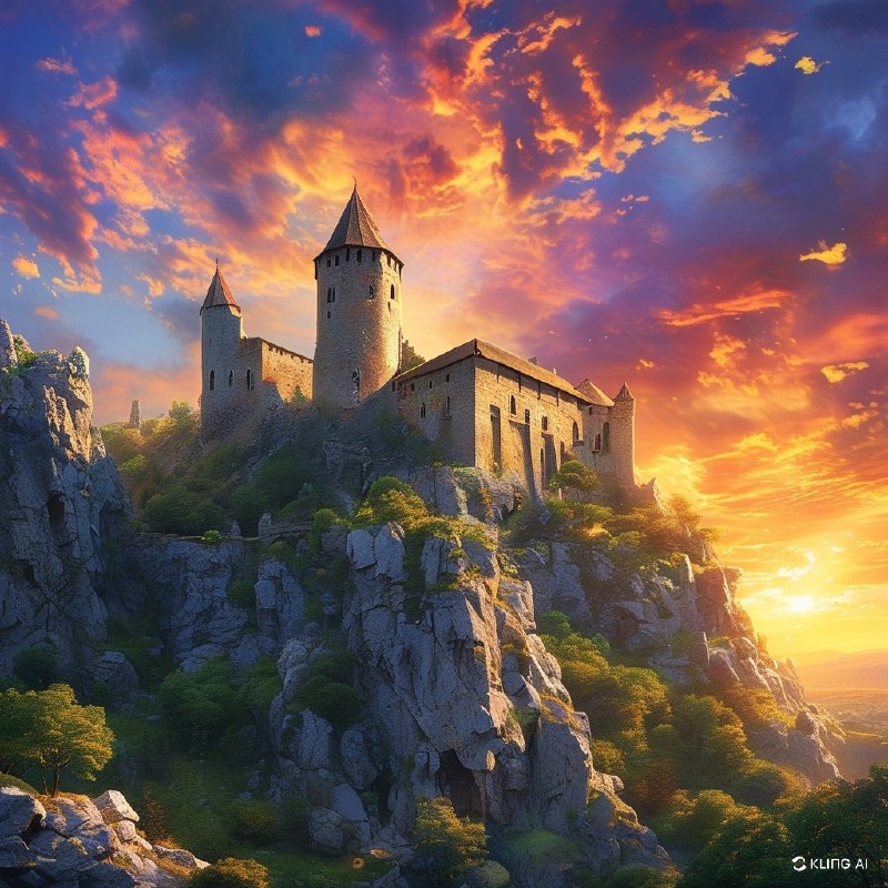 #Bing_WallpaperA majestic ancient castle perched atop a rocky cliff, surrounded by a vast, rugged landscape with sparse greenery. The sky is painted with a stunning, colorful sunset, casting a warm, golden light over the scene. The castle's towers and stone walls are bathed in this dramatic lighting, enhancing its historical and mystical aura. The overall atmosphere is one of awe and timeless beauty.一座雄伟的古老城堡坐落在陡峭的岩石悬崖上，周围是广阔而崎岖的地形，零星点缀着稀疏的绿色植被