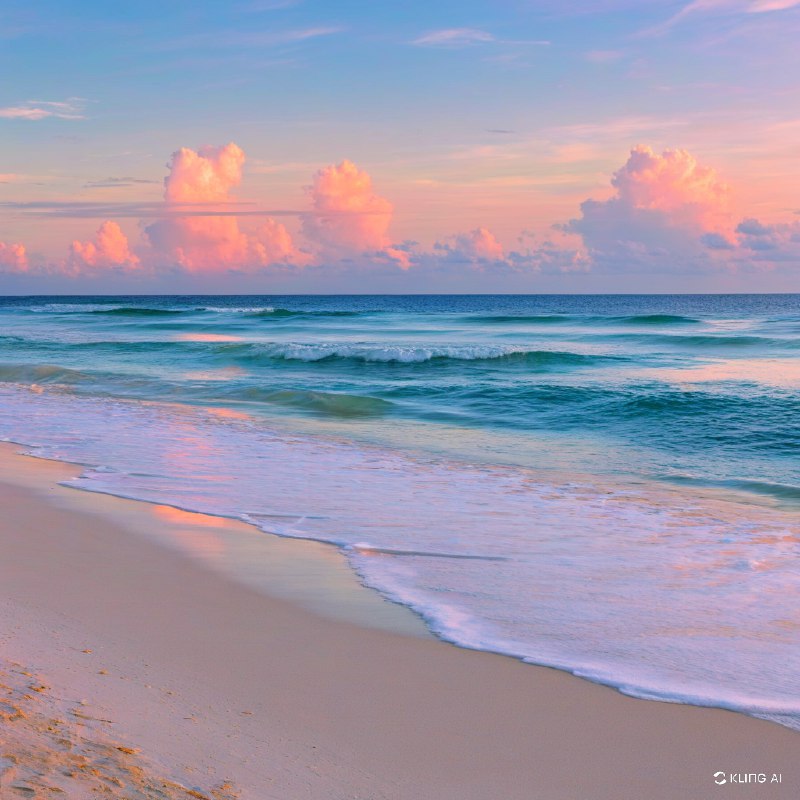 佛罗里达州海湾群岛国家海岸，日出时分的宁静海滩，天空中柔和的粉色和橙色倒映在水面上，轻柔的海浪拍打着沙滩，蓬松的云朵在头顶飘荡，宁静祥和的氛围