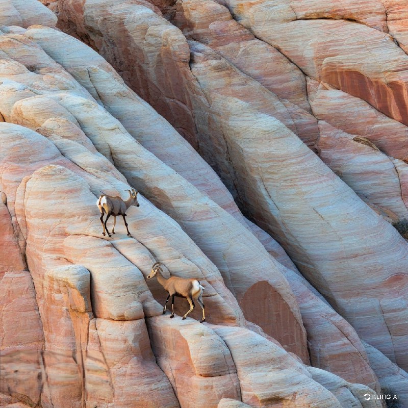 #Bing_Wallpaper两只沙漠大角羊优雅地穿行于阳光照耀下内华达州火焰谷州立公园崎岖的地形上，栖息在色调柔和的砂岩地貌上