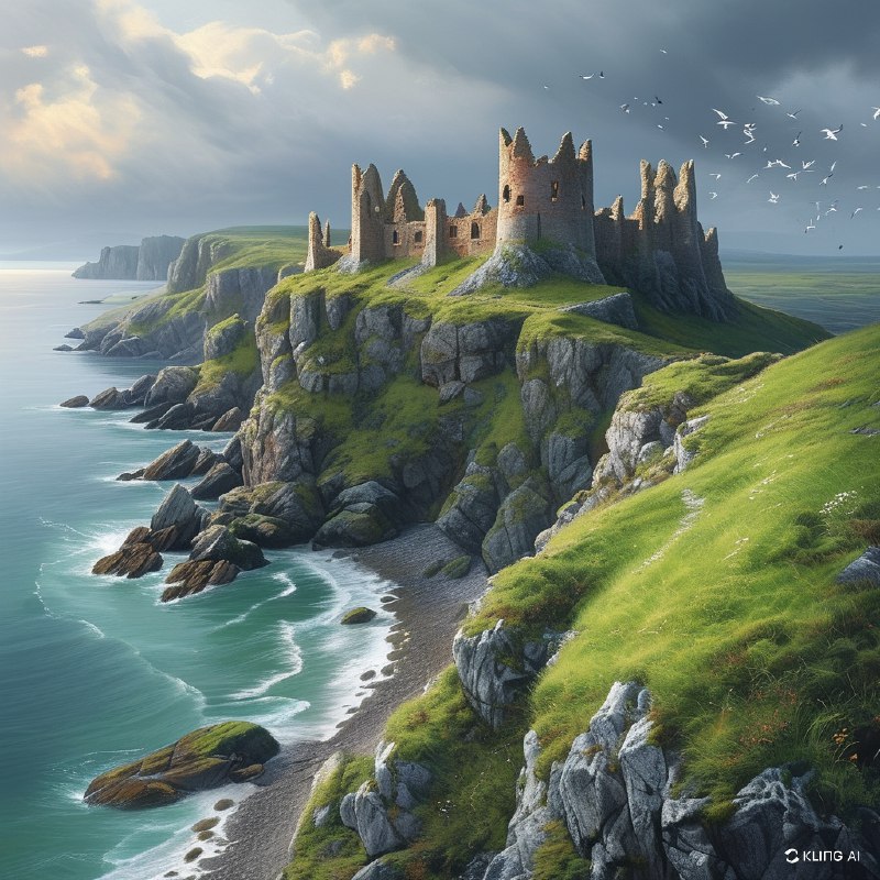 #Bing_Wallpaper"在崎岖悬崖上雄伟的中世纪城堡遗迹，位于北爱尔兰安特里姆的邓卢斯城堡俯瞰着广阔而宁静的海洋