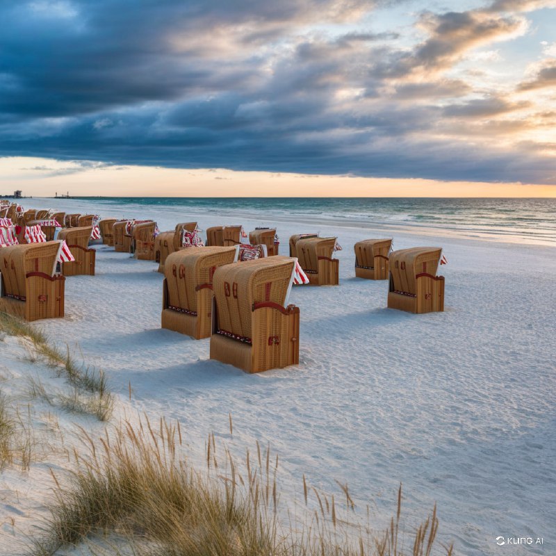 #Bing_Wallpaper波罗的海海滩日落的田园风光，展现了一排排传统的藤编沙滩椅，上方覆盖着红白条纹的顶篷，整齐地摆放在洁白无瑕的沙滩上