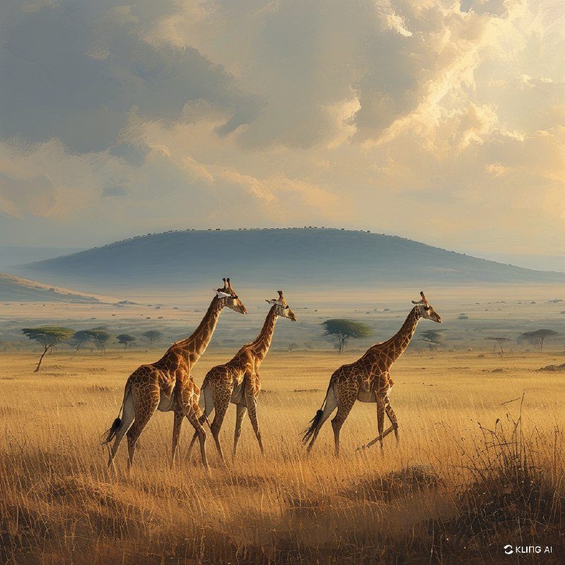 #Bing_WallpaperWide landscape of Amboseli National Park, Kenya, featuring a group of Maasai giraffes gracefully walking across the savannah. The scene is bathed in soft, golden light, highlighting the dry grass and sparse vegetation. In the background, misty hills stretch across a vast horizon under a dramatic, overcast sky. The image draws on a warm, earthy color palette with textures of grass and distant trees. Art style is realistic with intricate details, capturing the essence of the African wild and its majestic wildlife.肯尼亚安博塞利国家公园的辽阔景观，展现了一群优雅漫步于稀树草原的马赛长颈鹿