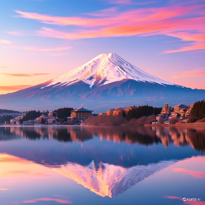 #Bing_Wallpaper旭日柔和的金色光芒洒在雄伟的富士山上，雪顶在温暖的光线中泛着光辉，完美地倒映在日本河口湖如镜的湖水中