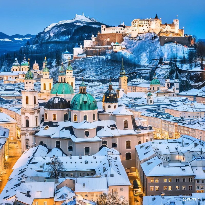 #Bing_Wallpaper奥地利萨尔茨堡梦幻的冬季夜晚，街道闪烁迷人，山峰结霜