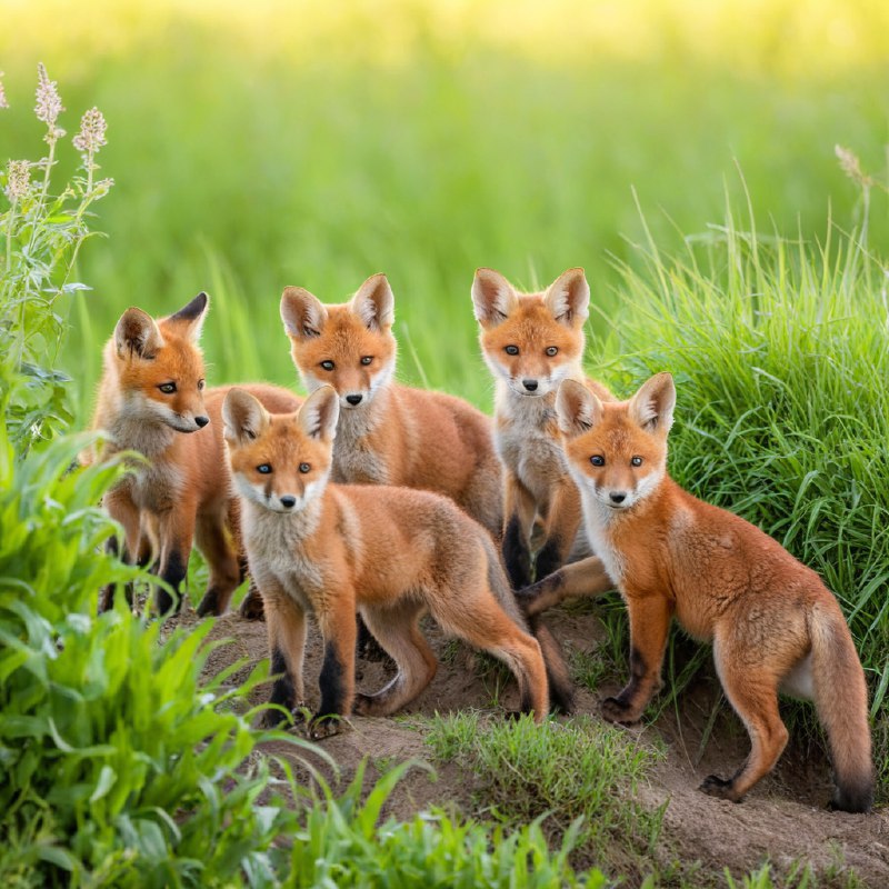 #Bing_Wallpaper一群顽皮的红狐狸幼崽在它们泥土色的巢穴附近嬉戏，周围环绕着茂密的青草和柔软的野生植物